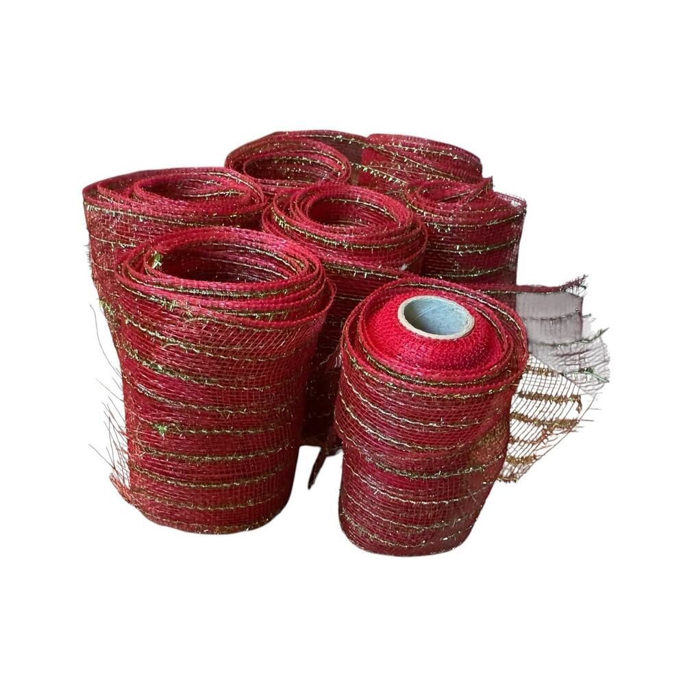 Red Deco Mesh Ribbon Lot Metallic Gold Stripe Wreath Craft Partial Rolls Holiday